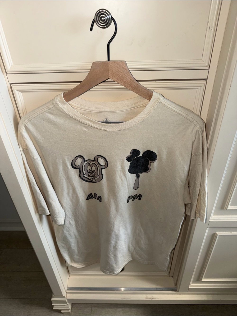Disney Cream Short Sleeve Tee with Black AM/PM Mickey Prints